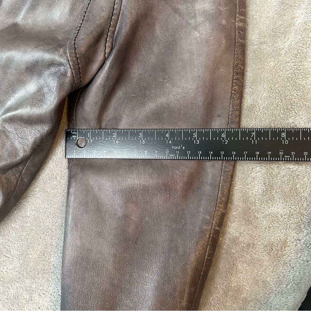 Women's Brown Leather Bomber Jacket with Ribbed Cuffs and Waistband - Picture 14 of 16